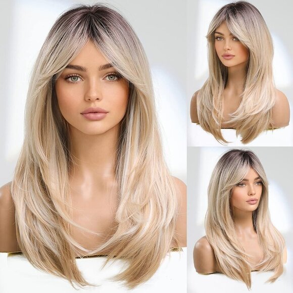 WIG  - Layered Dirty Blonde Side Bangs Wig - Realistic Look - Picture 1 of 10